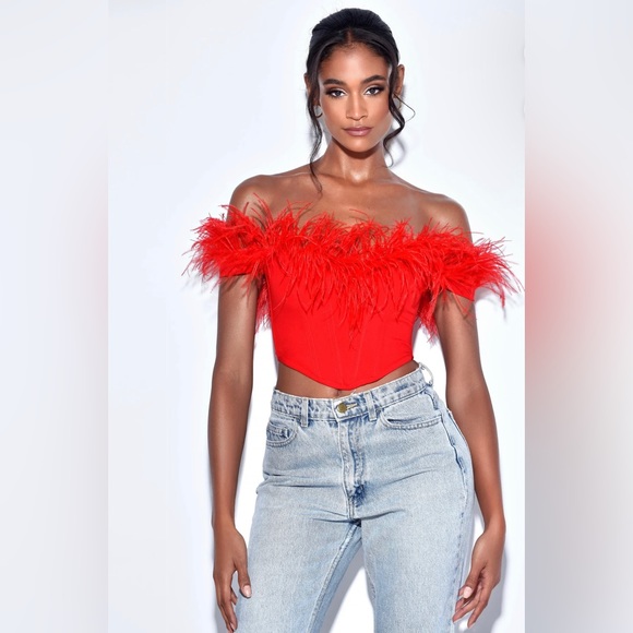 Tops - Red Feather Trim Corset Top